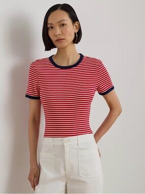 Ralph Lauren Red & White Striped Short-Sleeve Tee with Navy Trim